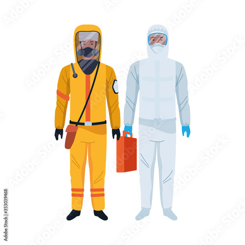 workers wearing biosafety suits characters