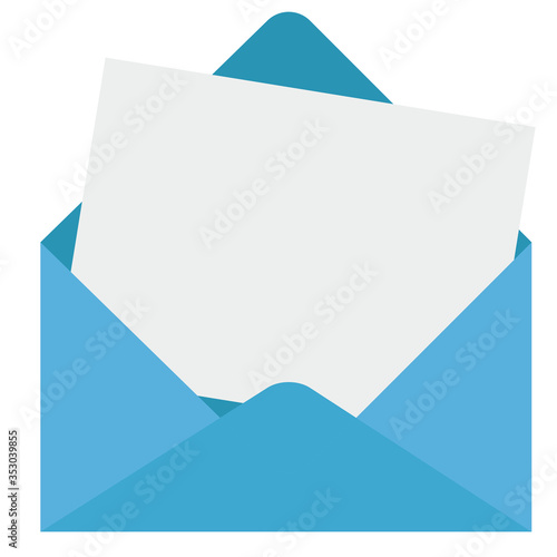 Blue envelope with note paper blank card. Vector illustration of letter in an evelope. Letter template