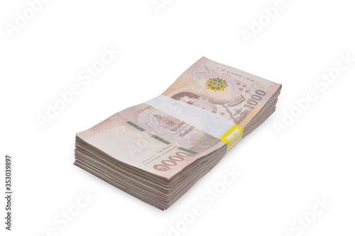 Fényképezés 18 January 2020 Bangkok People put Thai bath banknote Thai money on white backgr