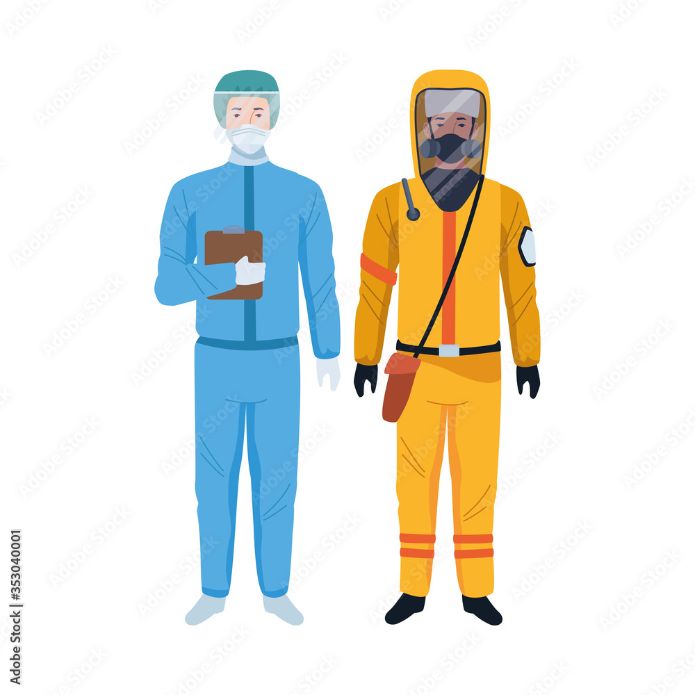 workers wearing biosafety suits characters