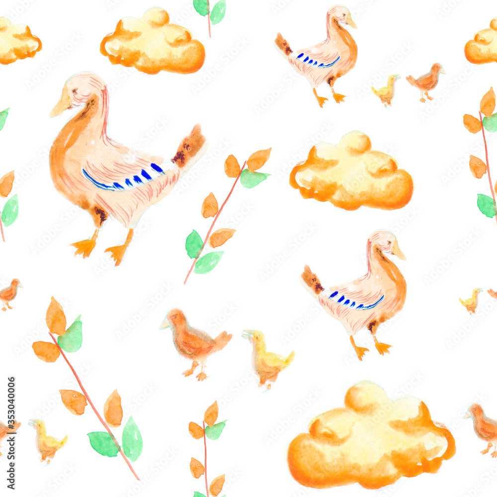 Obraz premium Cute yellow ducks and green twigs. spring set. seamless pattern. watercolor