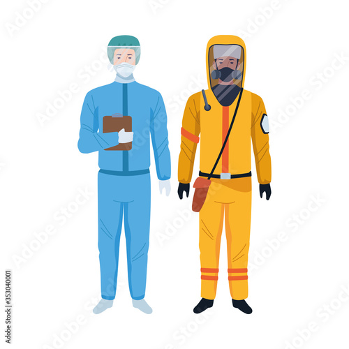 workers wearing biosafety suits characters