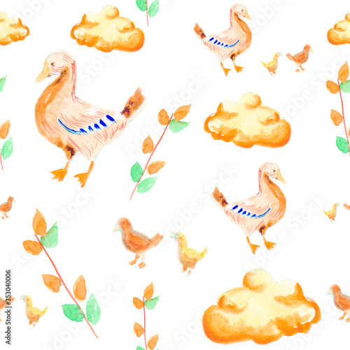 Cute yellow ducks and green twigs. spring set. seamless pattern. watercolor