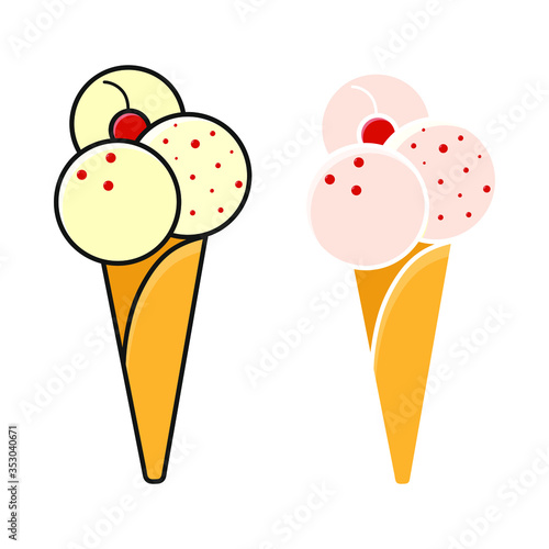 Set of vector ice cream cones isolated on white background. Outline and colored cherry ice cream cones. Food design elements for the menu, bakery logo, web, postcards.