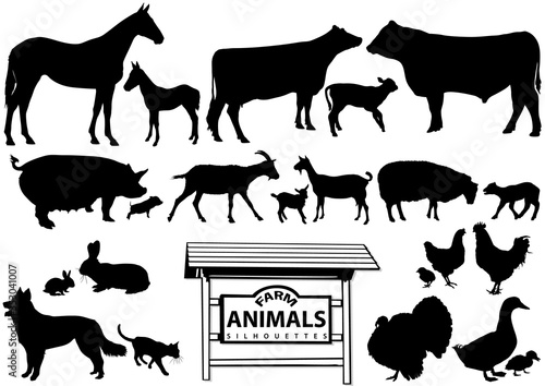 Vector Farm Animals Silhouettes Isolated on White - Collection of Black Illustrations, Vector