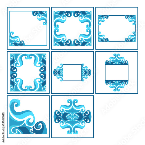 Set of Vector Design of a Blue Wave Box Frame Ornament with a Natural Theme