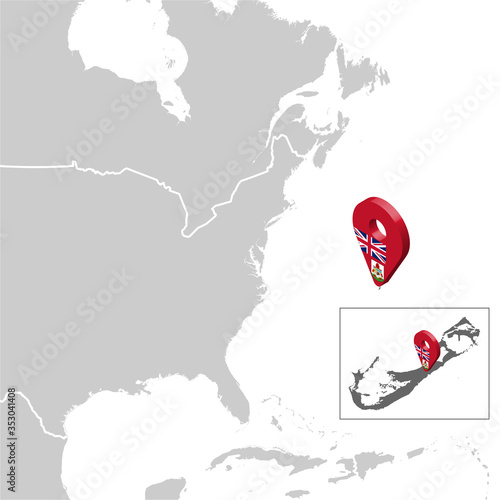Bermuda Location Map on map North America. 3d  Bermuda flag map marker location pin. High quality map of Bahamas for your design.  UK. EPS10.