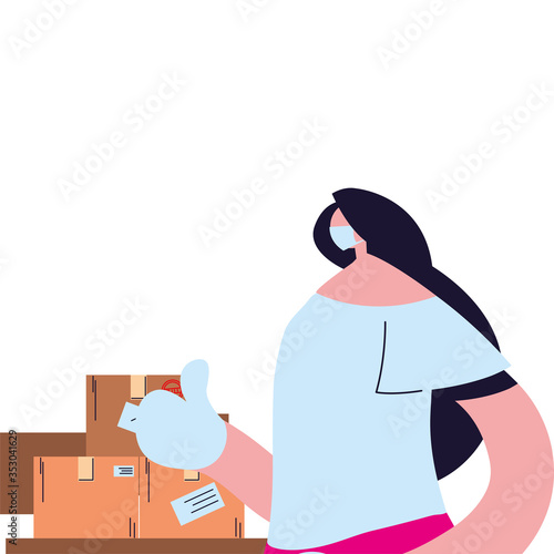 woman with face mask, gloves and shipping packages