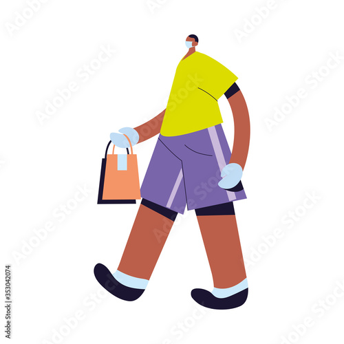 Courier with mask, gloves and packages to deliver