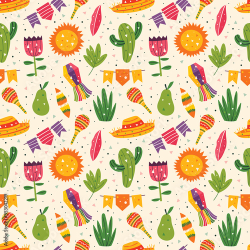 Mexico holiday. Little cute decor, sombrero, maracas, cactus, sun, flags, pear, leaves and grass. Mexican party. Latin America culture. Flat colourful vector seamless pattern, texture, background.