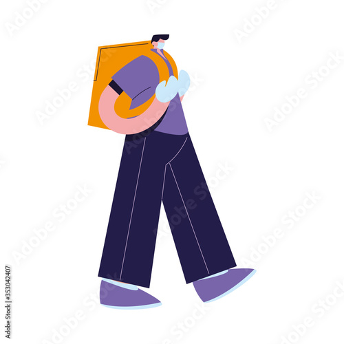 Courier with mask, gloves and packages to deliver