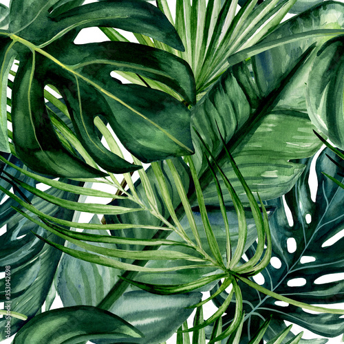 Watercolor hand painted seamless pattern with green tropical leaves of monste...