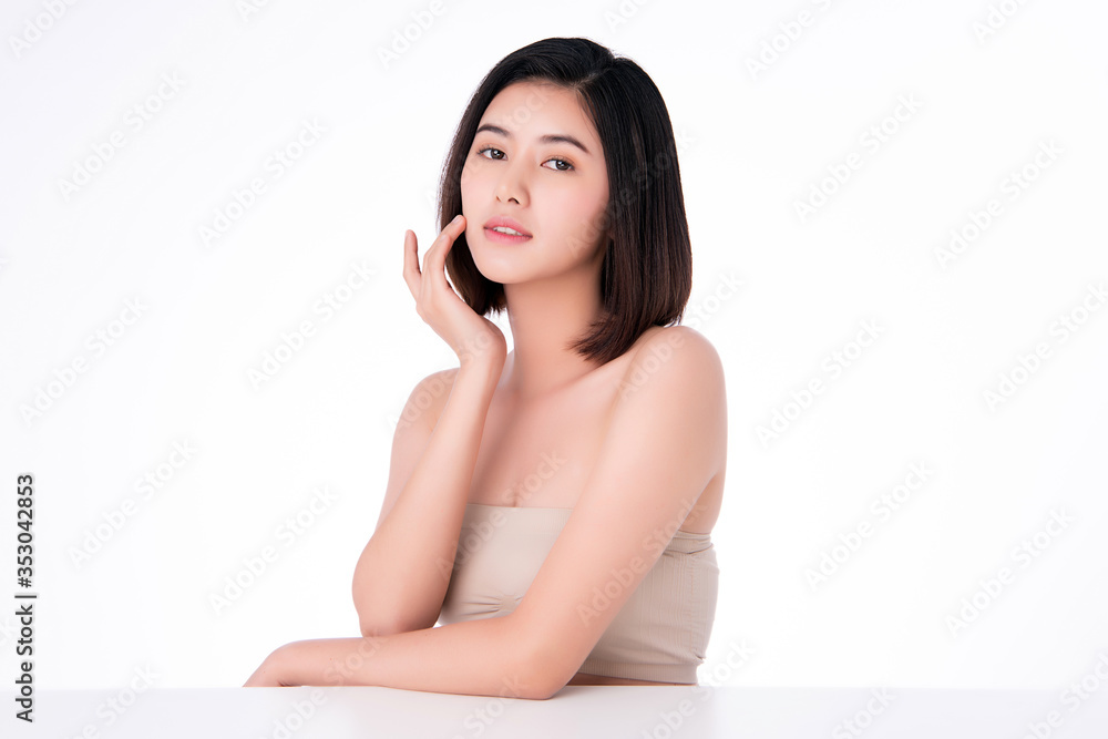 Beautiful Young Asian Woman touching her clean face with fresh Healthy Skin, isolated on white background, Beauty Cosmetics and Facial treatment Concept Beautiful Young Asian Woman touching her clean face with fresh Healthy Skin, isolated on white background, Beauty Cosmetics and Facial treatment Concept