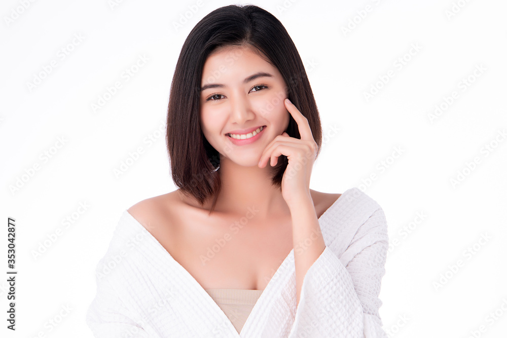 Beautiful Young Asian Woman touching her clean face with fresh Healthy Skin, isolated on white background, Beauty Cosmetics and Facial treatment Concept Beautiful Young Asian Woman touching her clean face with fresh Healthy Skin, isolated on white background, Beauty Cosmetics and Facial treatment Concept