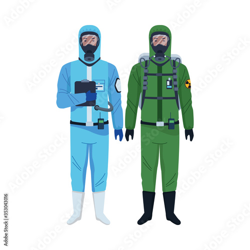 workers wearing biosafety suits characters