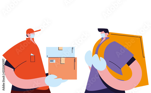 couriers with mask, gloves, and shipping packages