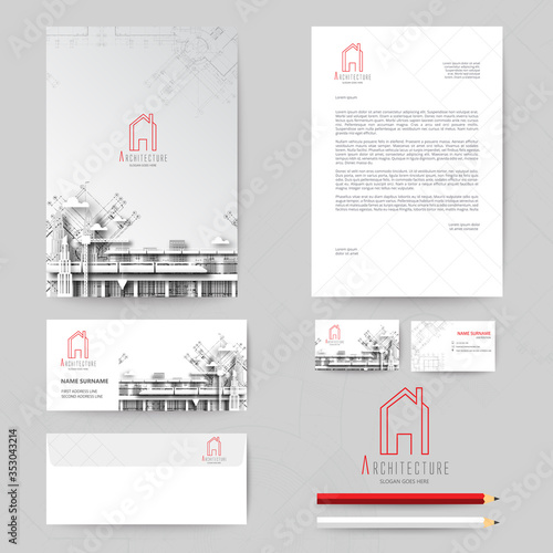 Corporate identity template design with blueprint background. Business realestate.