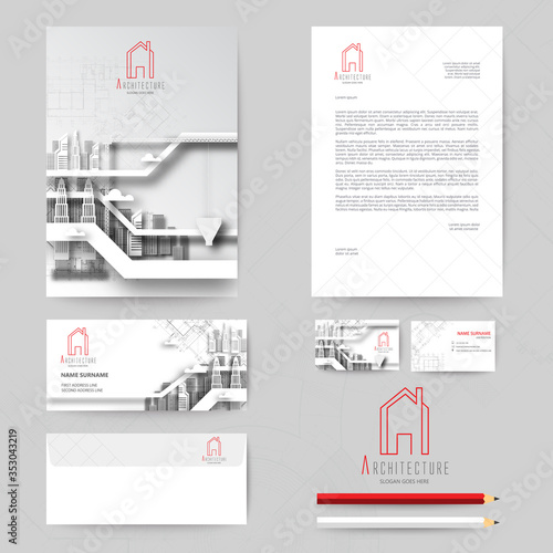 Corporate identity template design with blueprint background. Business realestate.