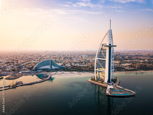 Fotografi Dubai, United Arab Emirates - June 5, 2019: Dubai seaside skyline and Burj Al Ar