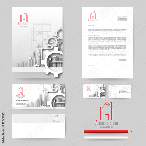 Corporate identity template design with blueprint background. Business realestate.