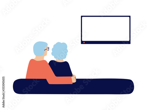 Happy senior couple sitting on couch hugging, watching TV at home. Elderly man, woman. Grandparents relax, spend time together. Back view. Vector illustration isolated on white. Empty frame for text.