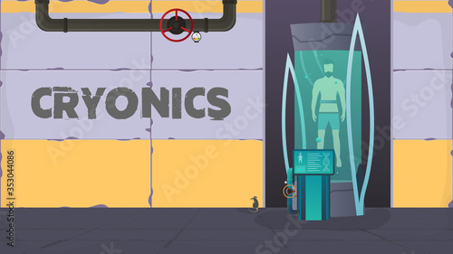 Futuristic cryogenic banner with capsules or containers. Cryon technology for humans or the cryogenic chamber of an astronaut. Sci-fi astronaut sleep mode. Cartoon style Vector.