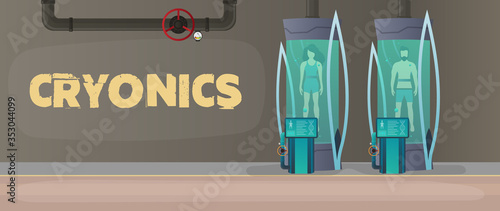 Futuristic cryogenic banner with capsules or containers. Cryon technology for humans or the cryogenic chamber of an astronaut. Sci-fi astronaut sleep mode. Cartoon style Vector.