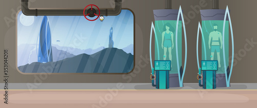 The concept of collonization of planets. Futuristic laboratory with cryogenic capsules. Cryon technology for humans or the cryogenic chamber of an astronaut. Sci-fi astronaut sleep mode. Vector.