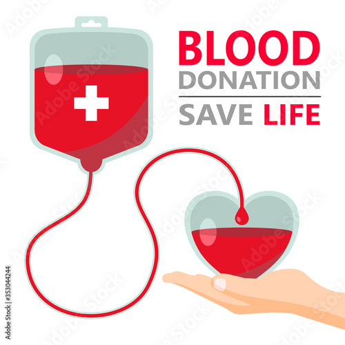 Blood bags donate with a heart for publicize to the public to join blood donors for poster, banner, and background. Vector illustration Flat Design for blood donation day concept.