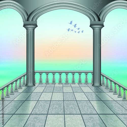 Vector illustration seascape Palace by the sea view from the veranda