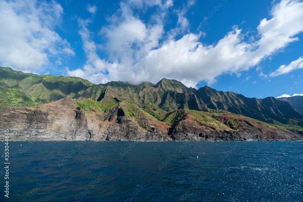 Ka'a'Alahina Ridge on Na Pali coastline in Kauai from sunset cruise