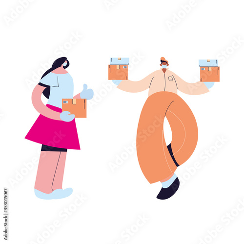 woman and messenger with mask, gloves and parcel