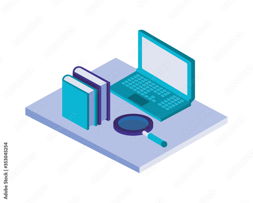 laptop computer with books and magnifying glass laptop computer with books and magnifying glass