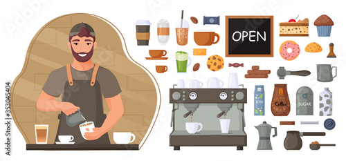 Barista makes a coffee. Coffee shop concept. Collection of coffee maker elements, sweets and coffee. Vector illustration.
