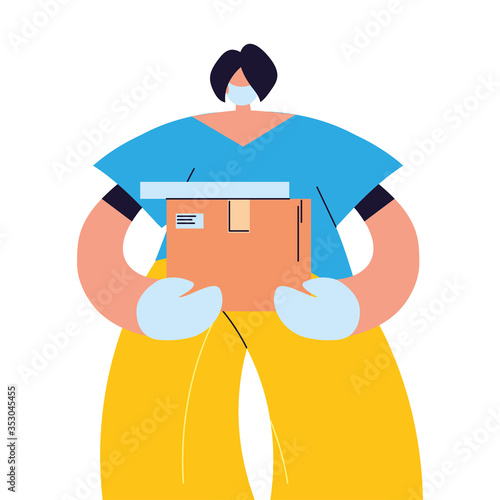 Courier with mask, gloves and packages to deliver
