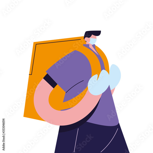Courier with mask, gloves and packages to deliver
