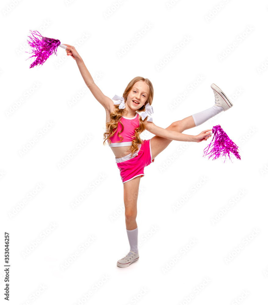 cute girl in pink cheerleader clothes dancing with shiny pompons in her hands cute girl in pink cheerleader clothes dancing with shiny pompons in her hands