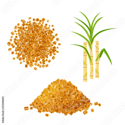 Heap of brown rock cane sugar and sugarcane stems with leaves. Vector illustration cartoon flat icon set isolated on white background.