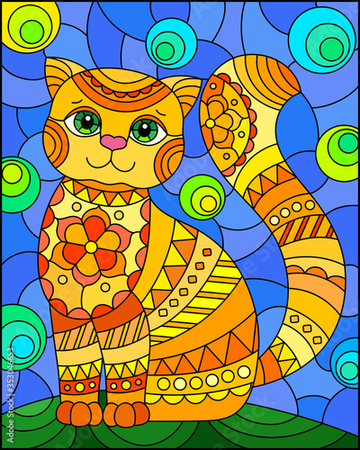 Illustration in stained glass style with abstract cute red cat on a blue background