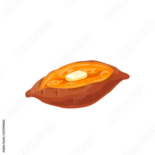 Baked sweet potato with melted butter. Vector illustration cartoon flat icon isolated on pink.