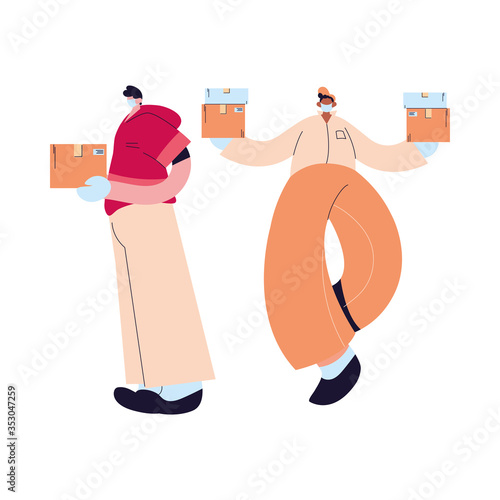 couriers with mask, gloves, and shipping packages