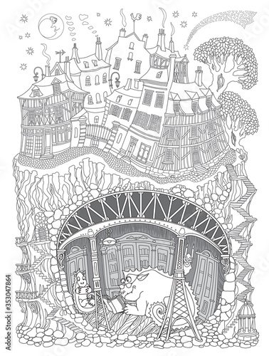 Stay at Home.Quarantine isolation Covid-19 humor concept. Fairy tale Dragon beast in the old medieval underground library. Black and white hand drawn sketch. Adults coloring book page, tee shirt print