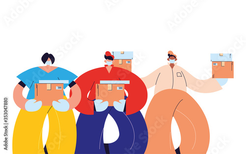 messengers and woman with masks, gloves and packages