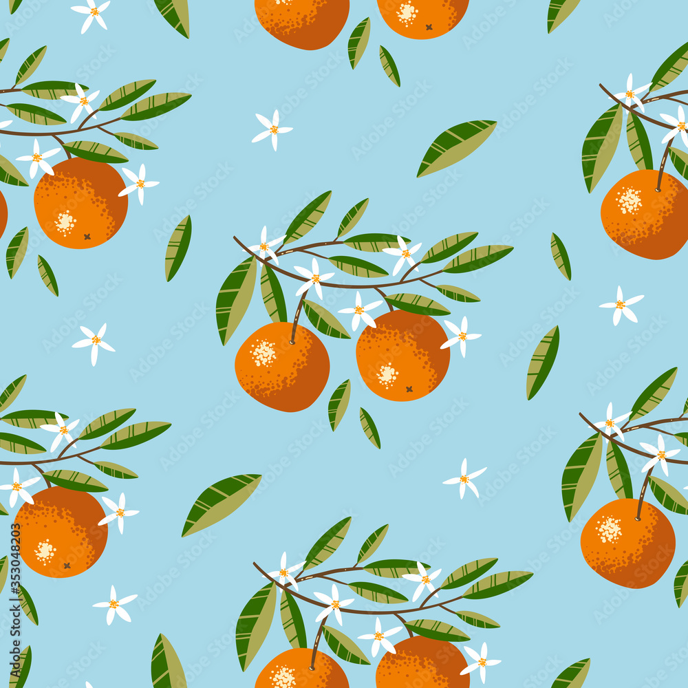 Seamless pattern with Oranges, Flowers and Leaves. Repeated background. Vector print for fabric or wallpaper.
