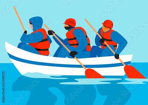 people in the boat. rescuers. saving people in a flood. vector illustration of rescuers in a boat