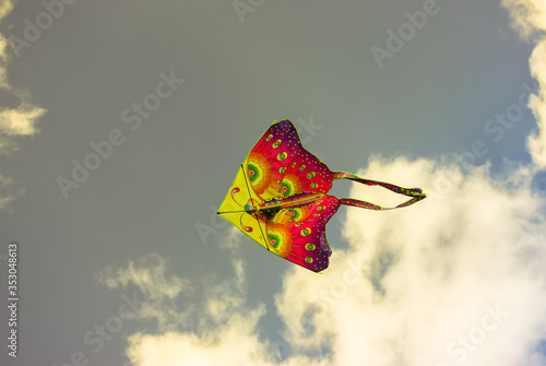 A bright kite is flying into the sky in summer outdoors: vacation in the park. photo