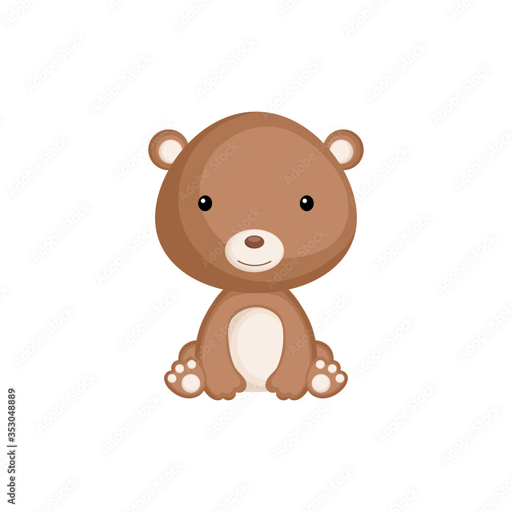 Cute funny sitting baby bear isolated on white background. Woodland adorable animal character for design of album, scrapbook, card and invitation. Flat cartoon colorful vector illustration. Cute funny sitting baby bear isolated on white background. Woodland adorable animal character for design of album, scrapbook, card and invitation. Flat cartoon colorful vector illustration.