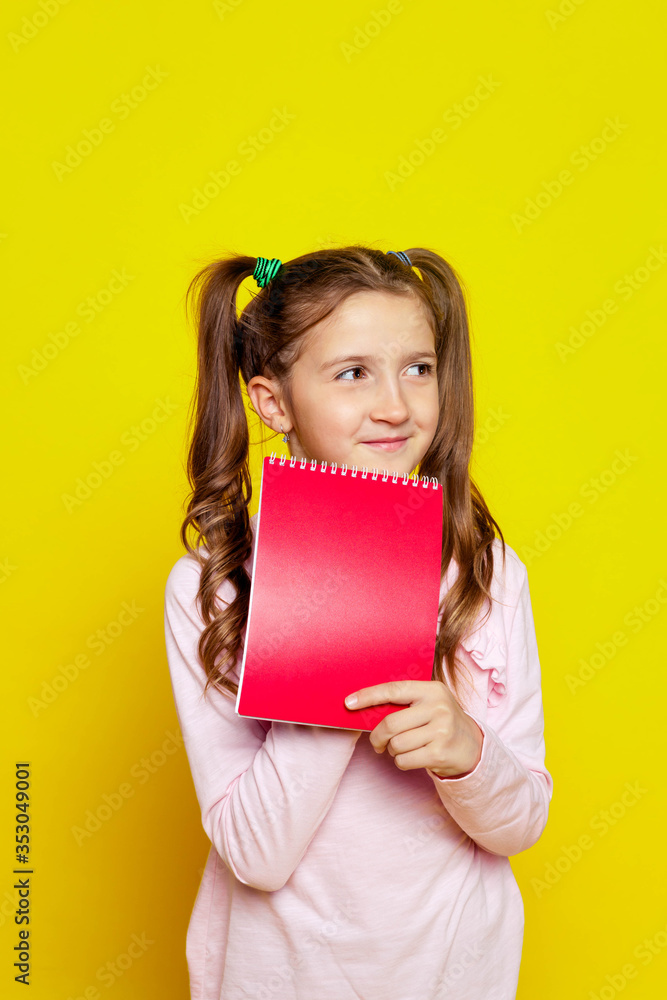 smiling girl with two ponytails holding a notebook smiling girl with two ponytails holding a notebook