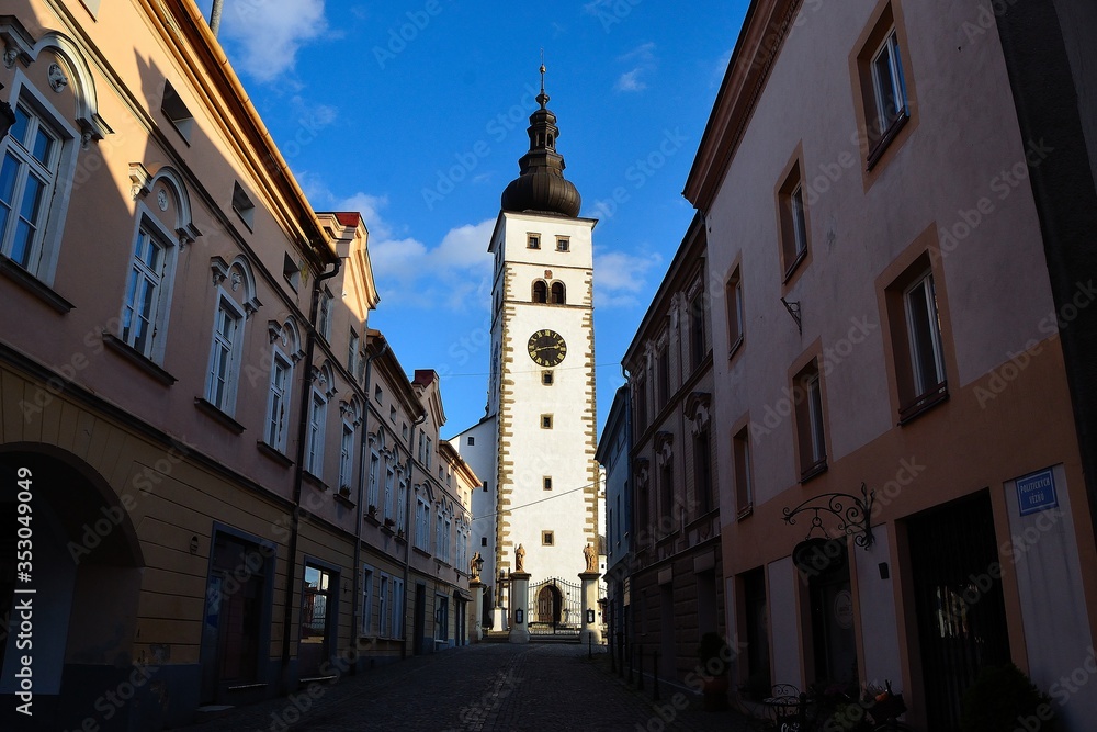 The bell tower of the Church of the Nativity of the Virgin Mary, Pribor, Czech Republic