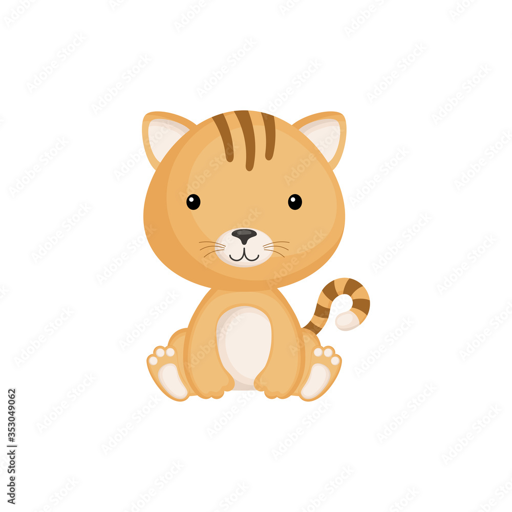 Cute funny sitting baby cat isolated on white background. Domestic adorable animal character for design of album, scrapbook, card and invitation. Flat cartoon colorful vector illustration. Cute funny sitting baby cat isolated on white background. Domestic adorable animal character for design of album, scrapbook, card and invitation. Flat cartoon colorful vector illustration.